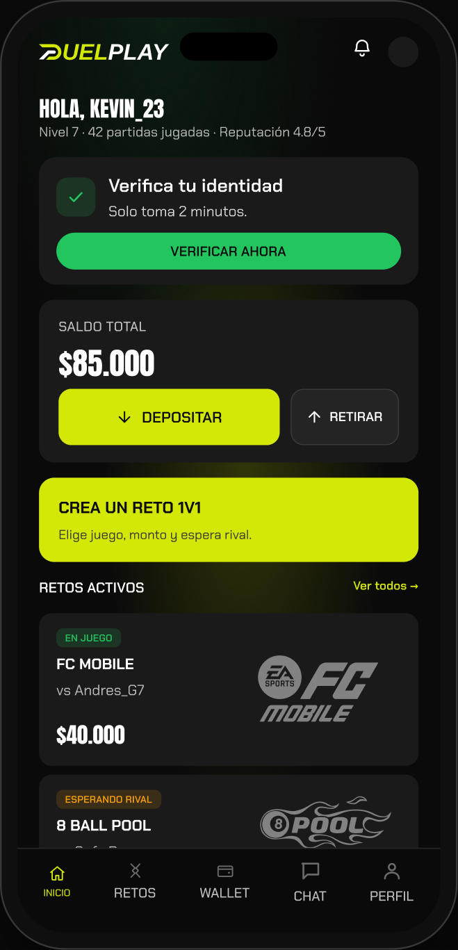 App DuelPlay: dashboard principal
